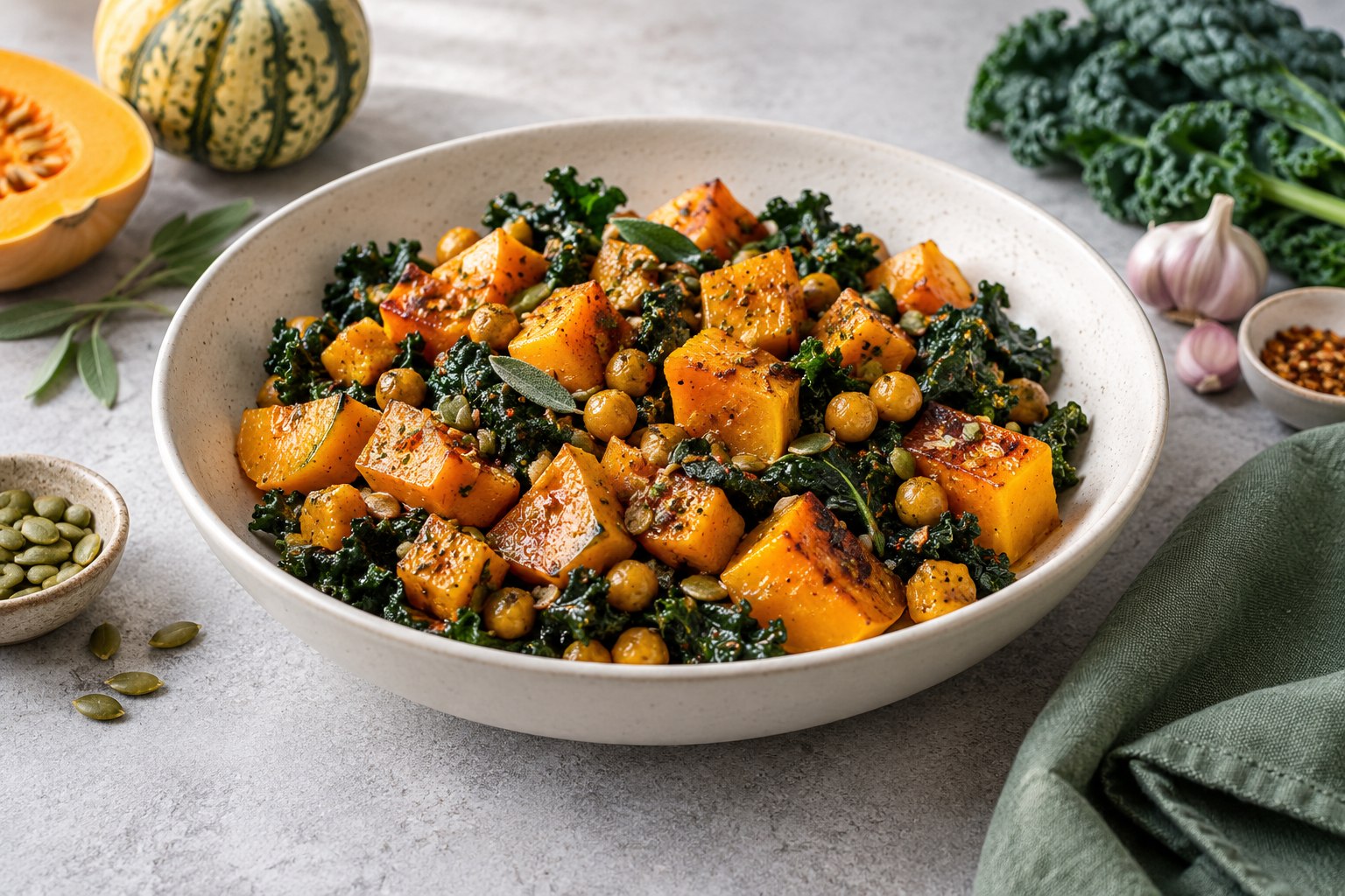 Editorial illustration of roasted squash, chickpeas and leafy greens in a bowl